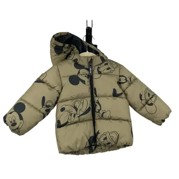 H&M Disney Mickey Puffer Coat Green Goofy Pluto Donald Hood 12-18 NEW - Picture 1 of 15